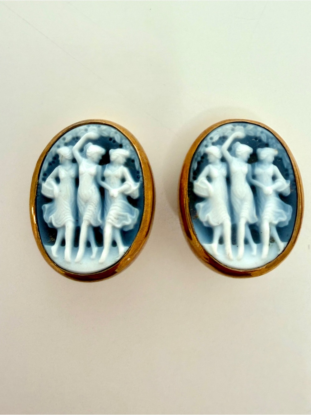 Rare Stephen Dweck blue cameo earrings , the Three Graces, antique bronze